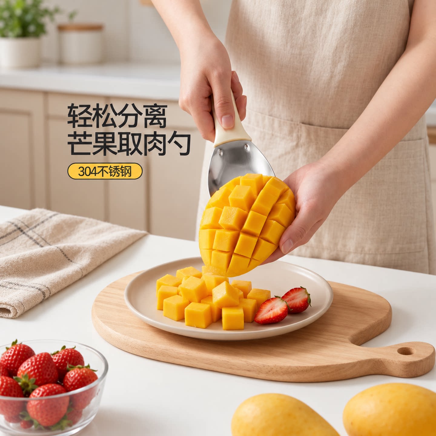 芒果切丁神器不锈钢开水果分割挖粒模具吃西瓜勺牛油果切块专用刀