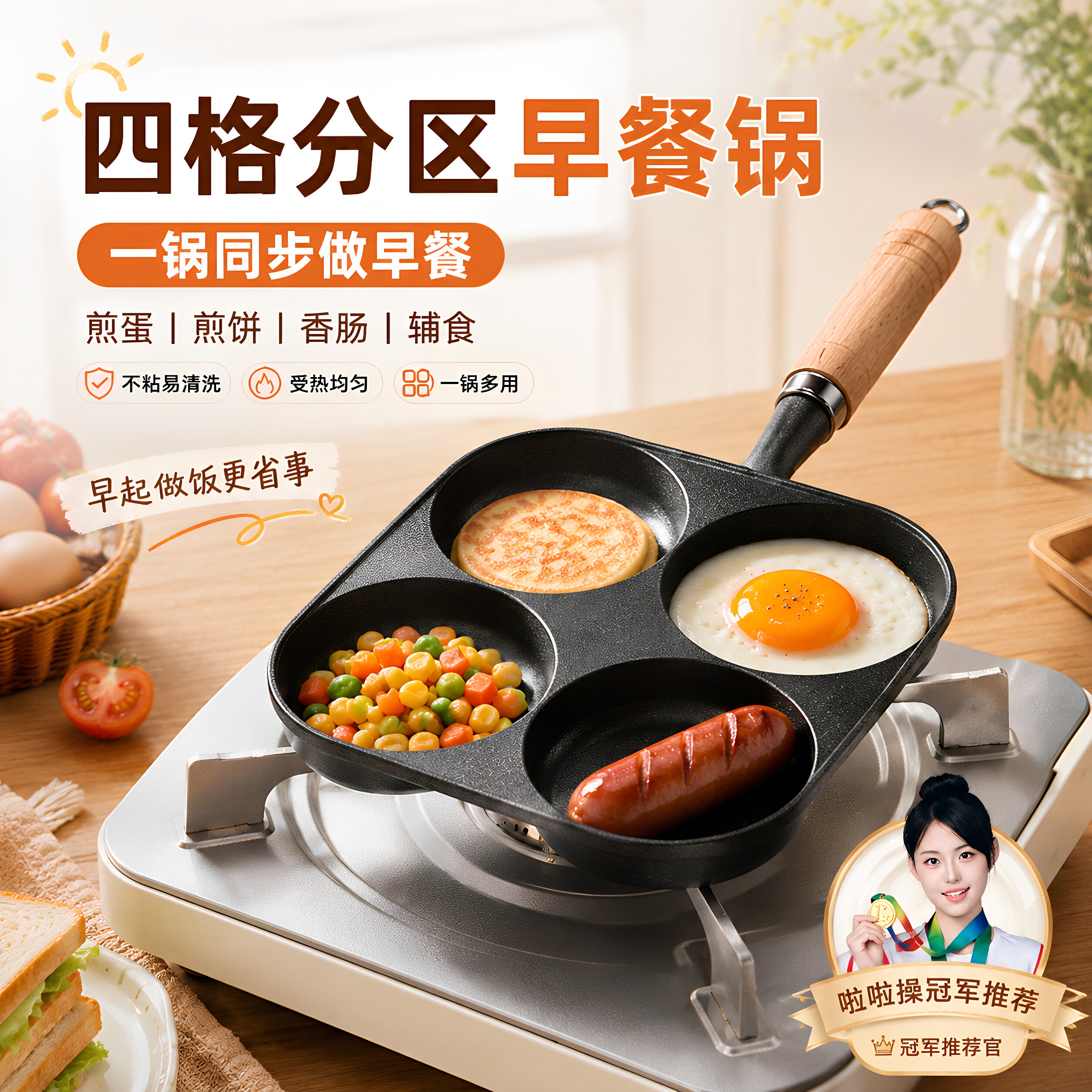 煎蛋锅铸铁加高加厚四孔煎锅鸡蛋汉堡模具无涂层不易粘锅早餐煎饼