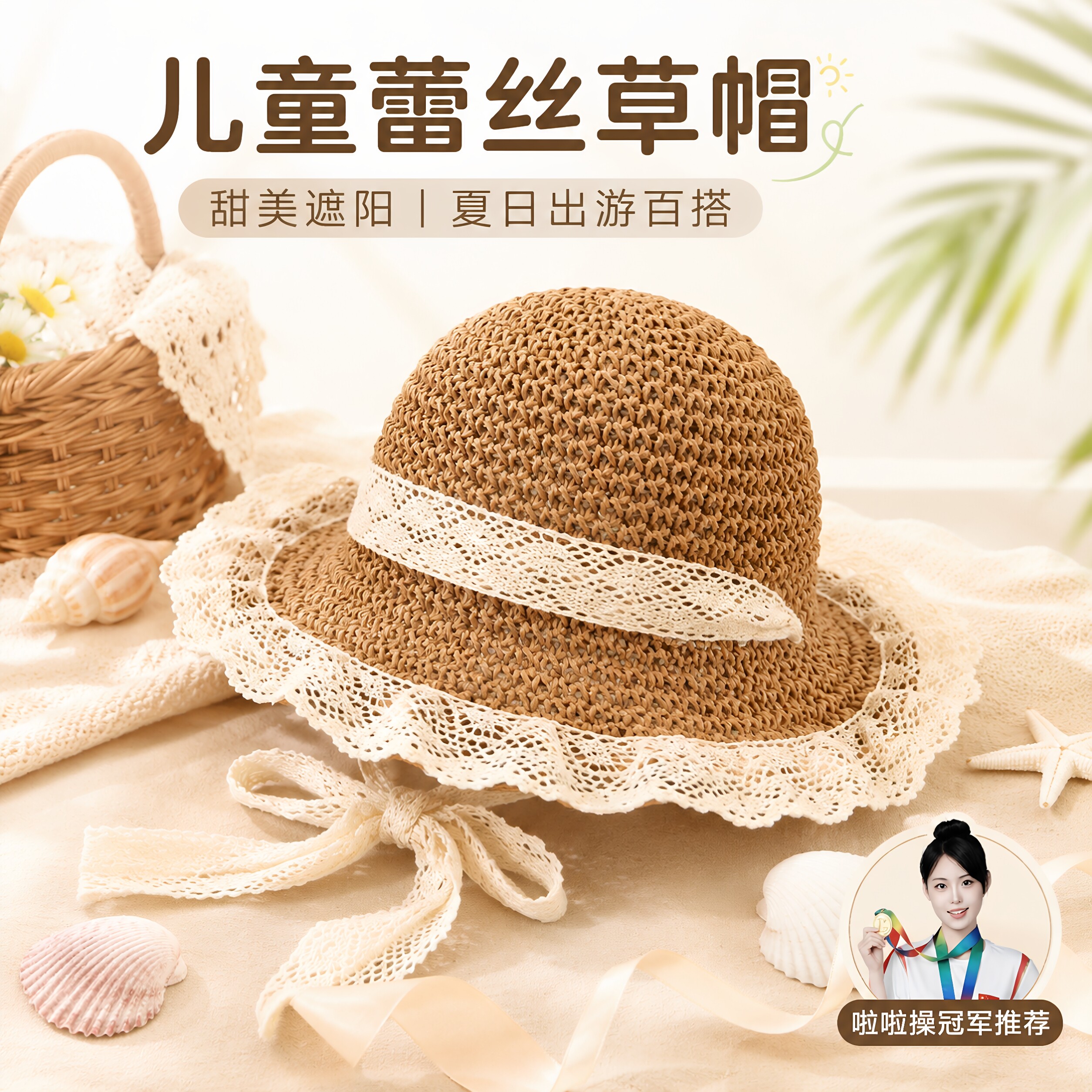 儿童帽子女童草帽夏季女孩2026女宝渔夫防晒帽宝宝海边沙滩遮阳帽