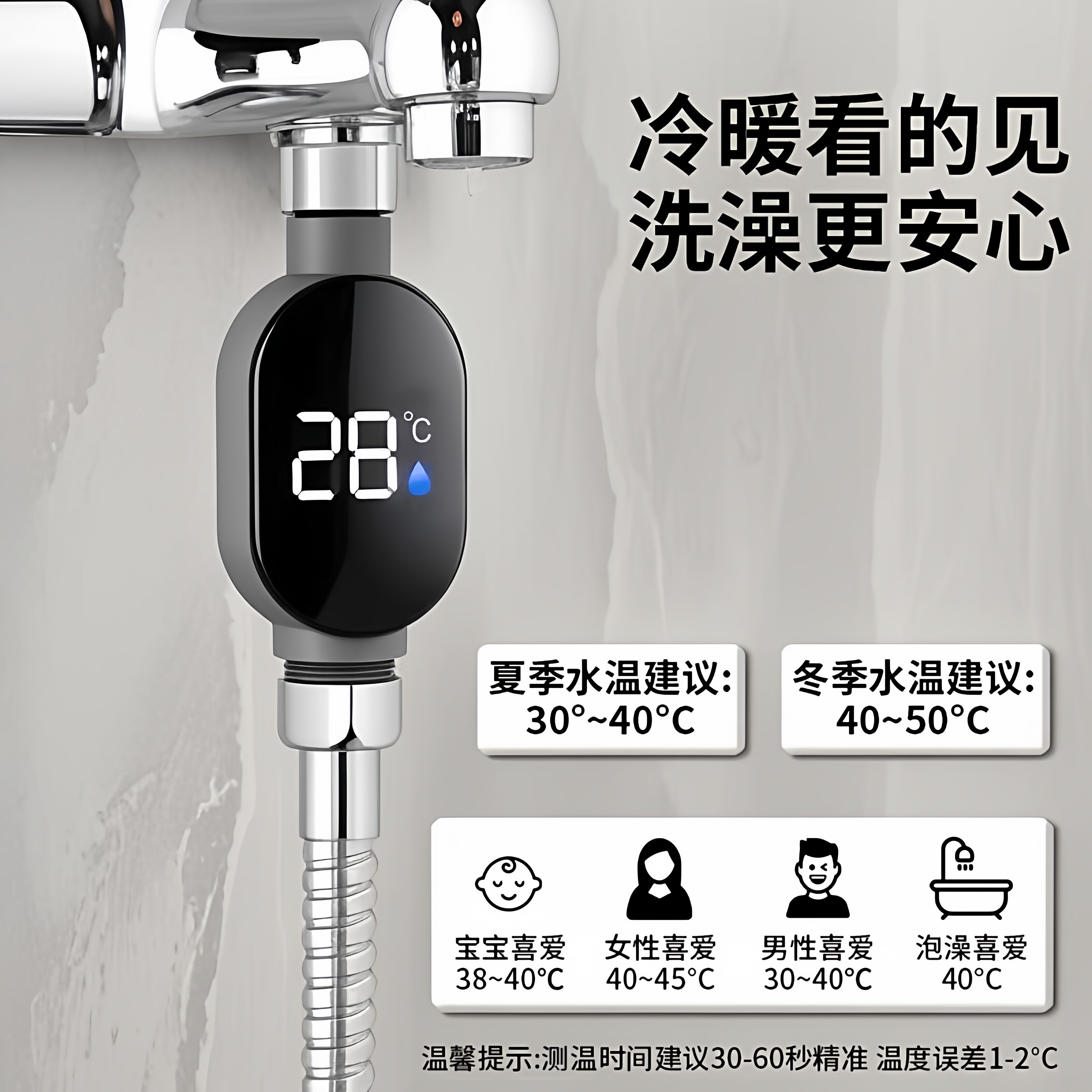 花洒LED温度计触屏洗澡测温感温淋浴家用4分接口适配数显
