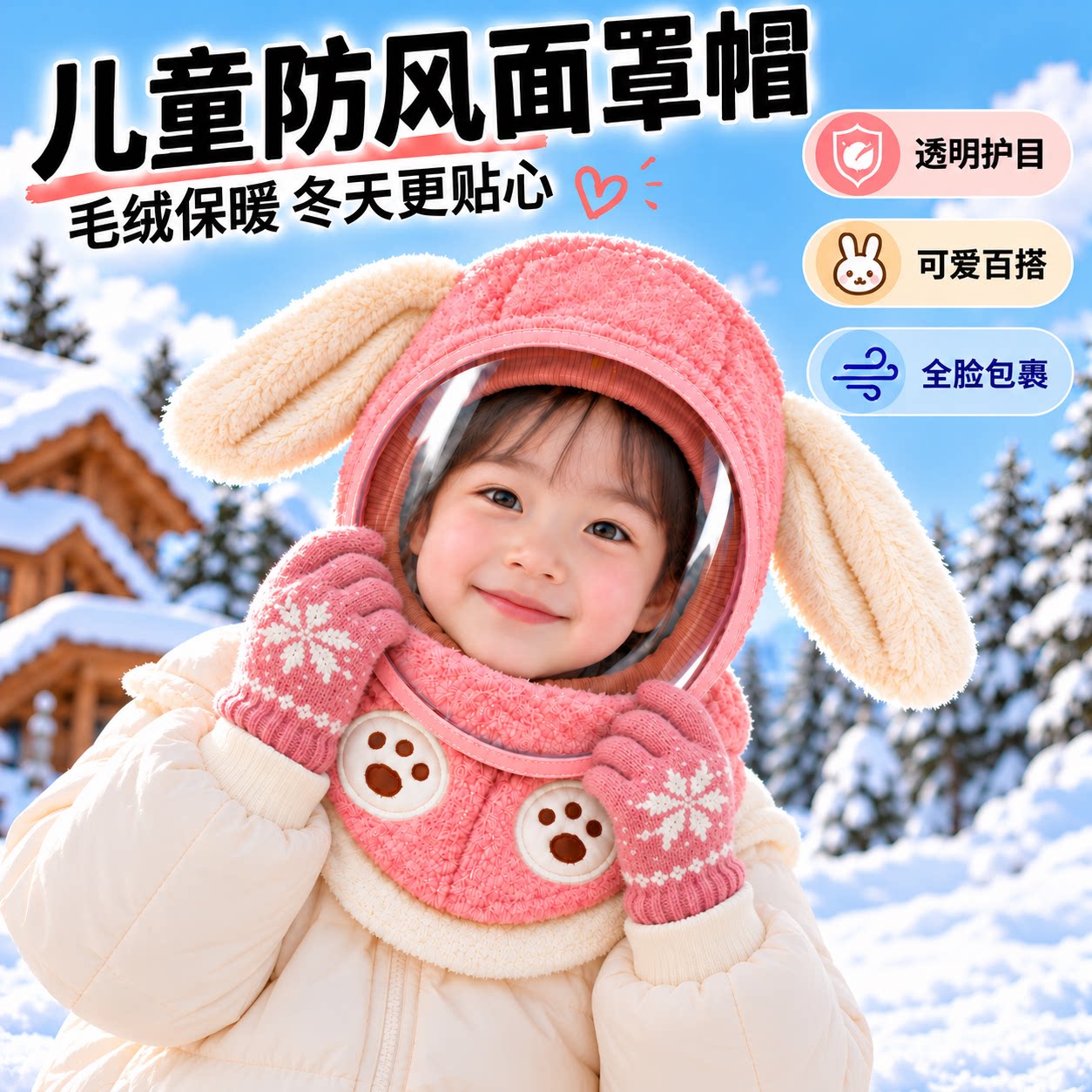 儿童防护帽面罩护耳围脖一体帽