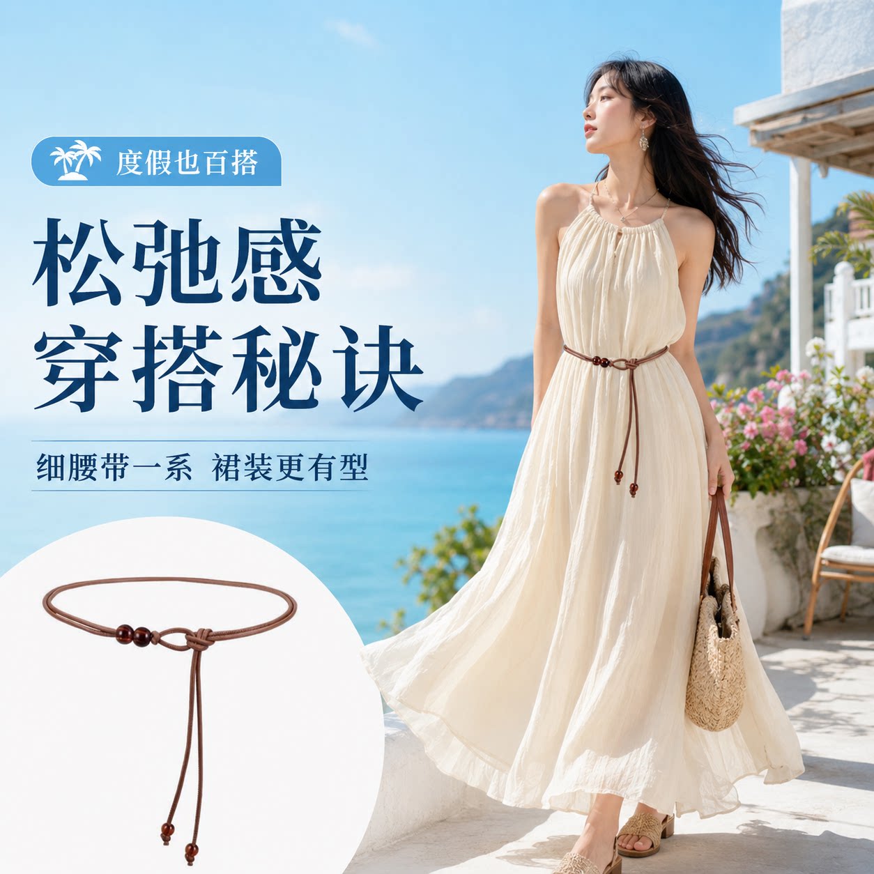 夏季复古细腰带女配裙装