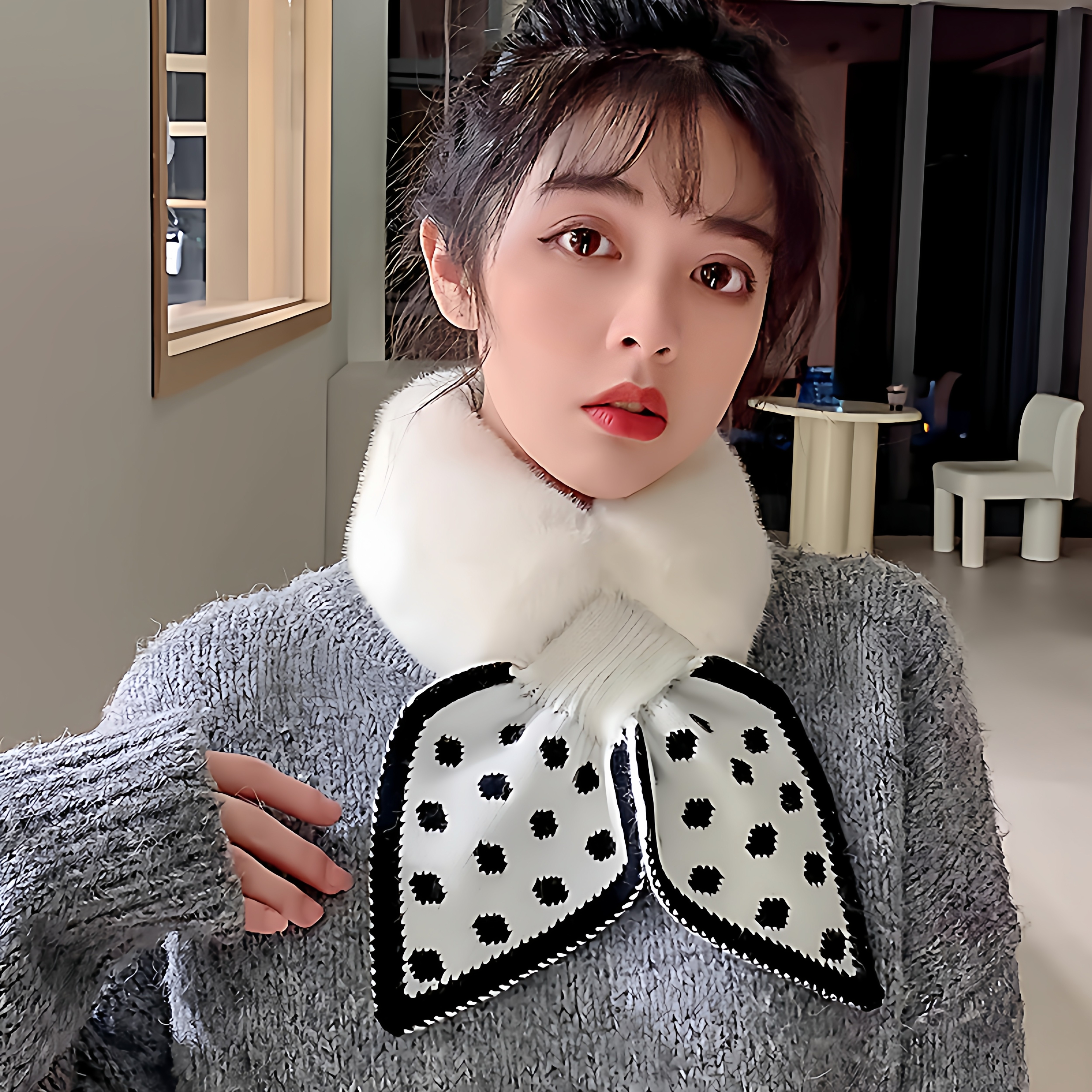 毛绒围巾女款2025新款冬韩系氛围感可爱百搭保暖交叉毛领围脖护颈