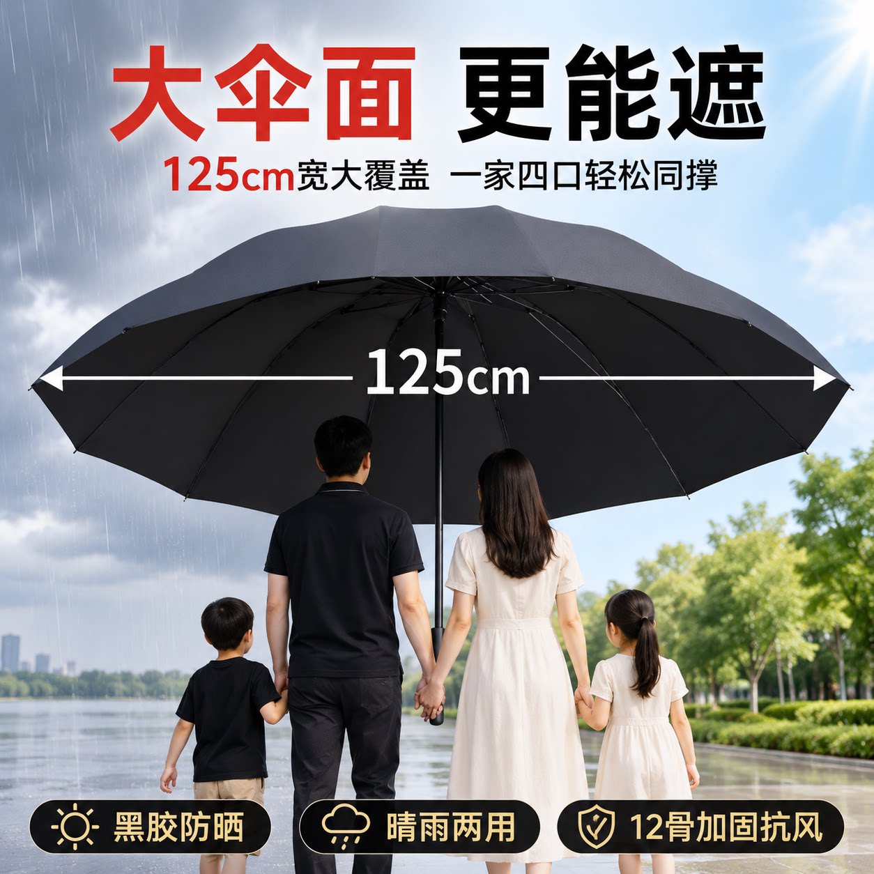 十二骨超大号折叠雨伞女晴雨两用商务黑胶防晒防太阳光遮阳太阳伞