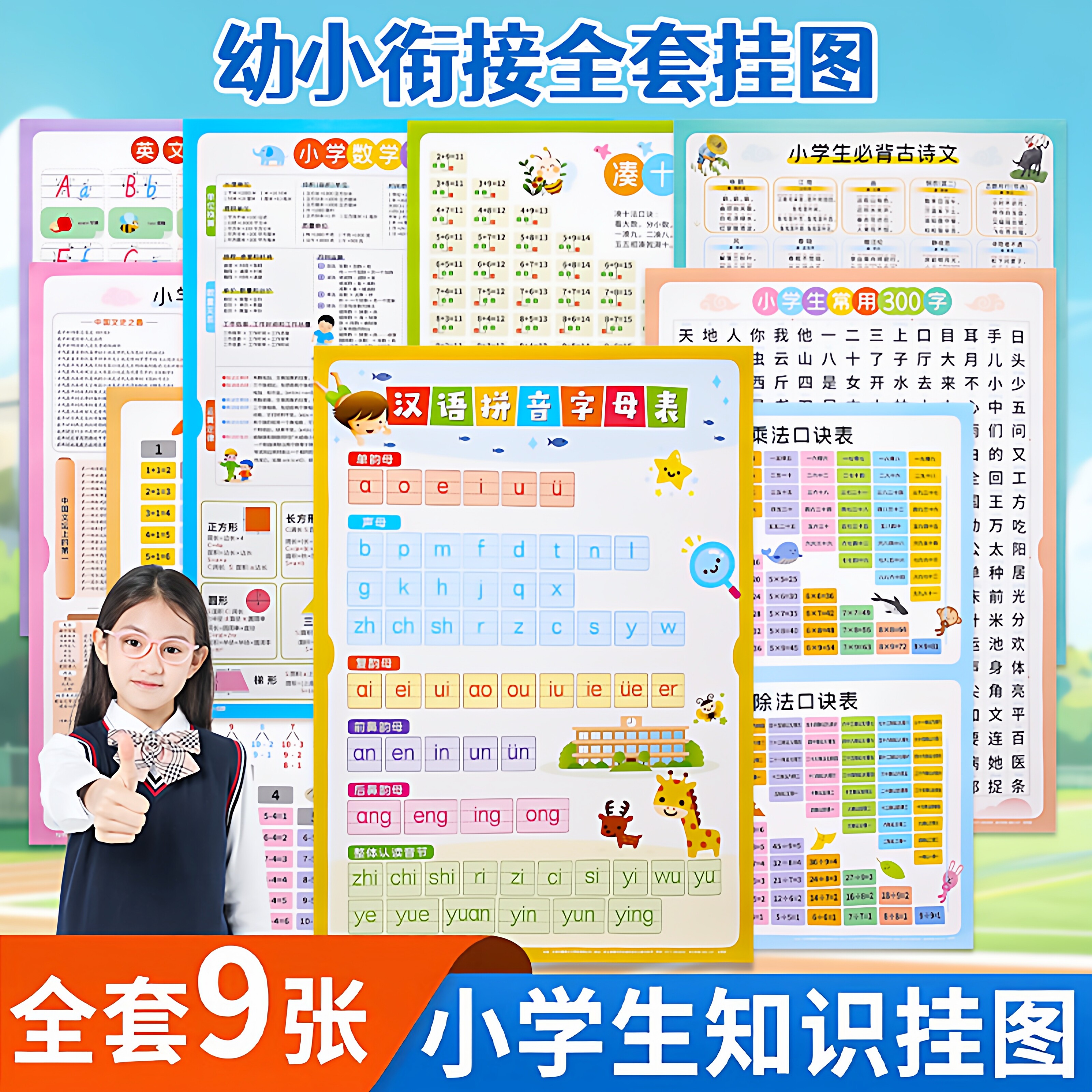 【全套9张】高清儿童学习挂图全套拼音字母古诗乘除加减口诀表