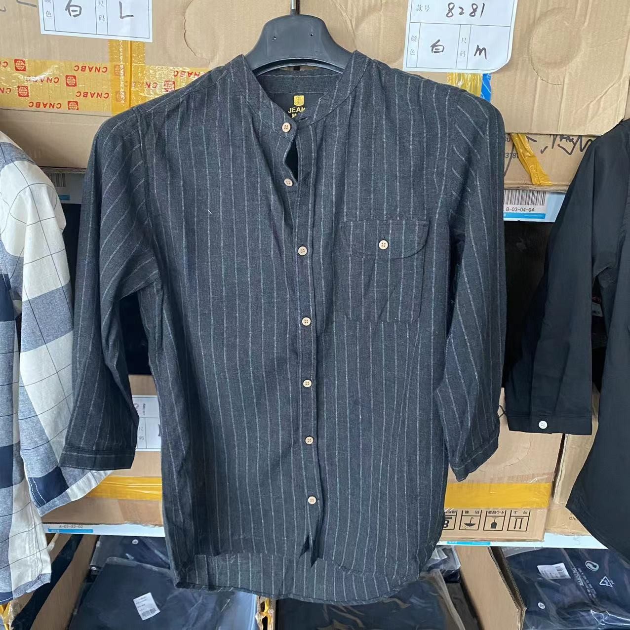 男款立领衬衫时尚休闲百搭夏季高品质七分袖男士成人纯色衬衣6011