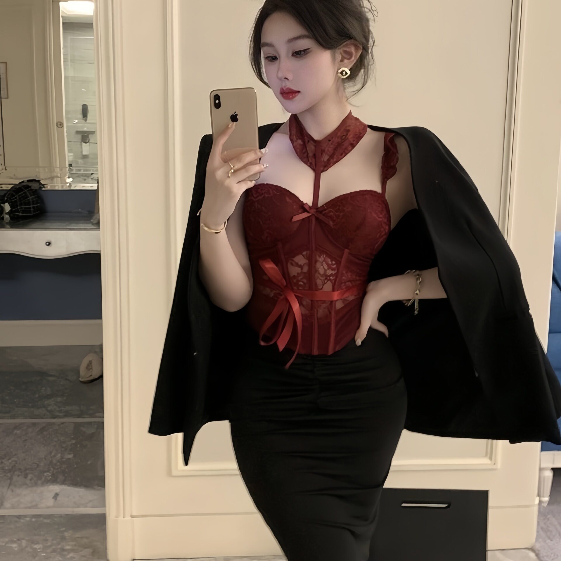 大码束腰性感辣妹套装马甲束身紧身火辣红色吊带袜蕾丝边防滑收腰