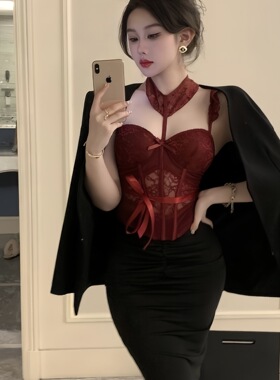 大码束腰性感辣妹套装马甲束身紧身火辣红色吊带袜蕾丝边防滑收腰