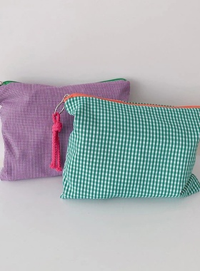 New Women Plaid Makeup Bag Large Capacity Cotton Zipper Pou
