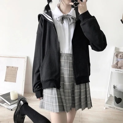 Deeptown Kawaii Zip Up Hoodies Black Japanese Preppy Style