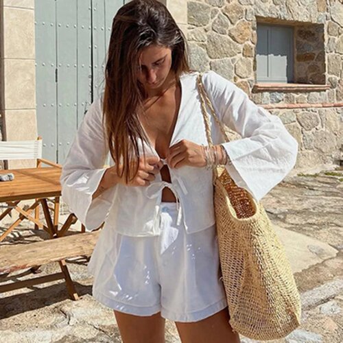 ALOBEE Loose Lace Up Bow Shirt Women Elegant V Neck Long Fl