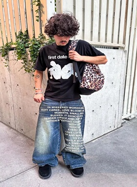 Y2K men Jeans vintage American Pattern letter jeans streetw
