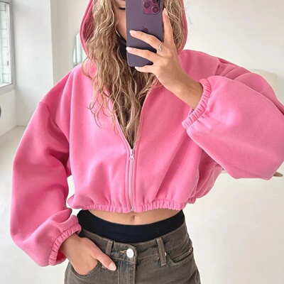 Fall Women's Fashion Zipper Hoodie Cropped Jacket Y2k Solid