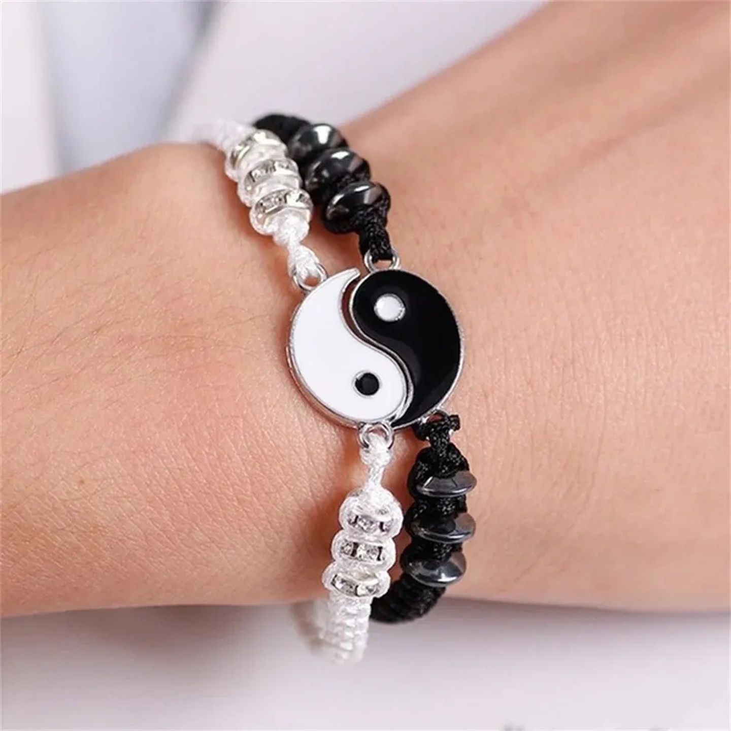 2 PC Jewelry Set Couple Black White Tai Chi Bracelet Rope A