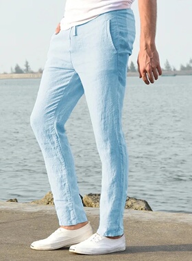 Men's Cotton Linen Pants Male Autumn New Breathable Solid C