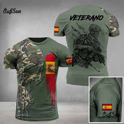 Spanish Flag Graphic Men's T-shirt Army Casual Short Sleeve