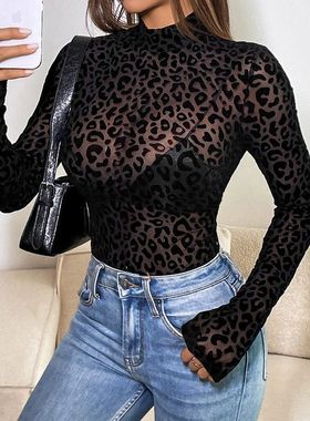 跨境外贸新品蕾丝网纱植绒印花透视性感修身气质长袖连体衣10804