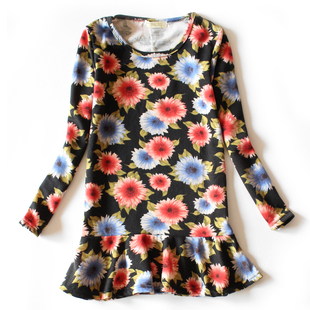 亏本清仓！韩版春秋长袖连衣裙圆领印花图案荷叶边连身超短裙