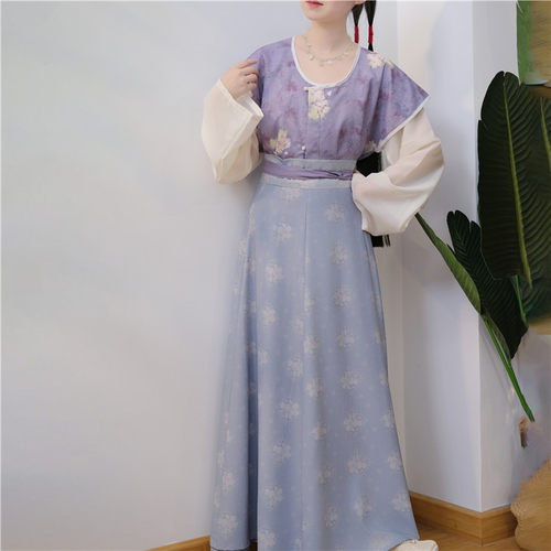 青青子衿原创【青芷】唐制褙子复原款汉服女夏唐圆领齐腰八破长裙