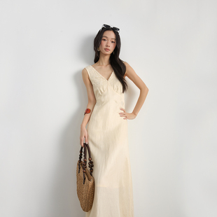 法式V领蕾丝吊带连衣裙女白色长裙气质老钱风-ME6CK86008