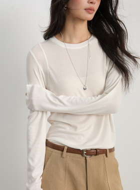 轻奢极简风白色长袖T恤圆领百搭气质基础款通勤上衣-ME6HT718006