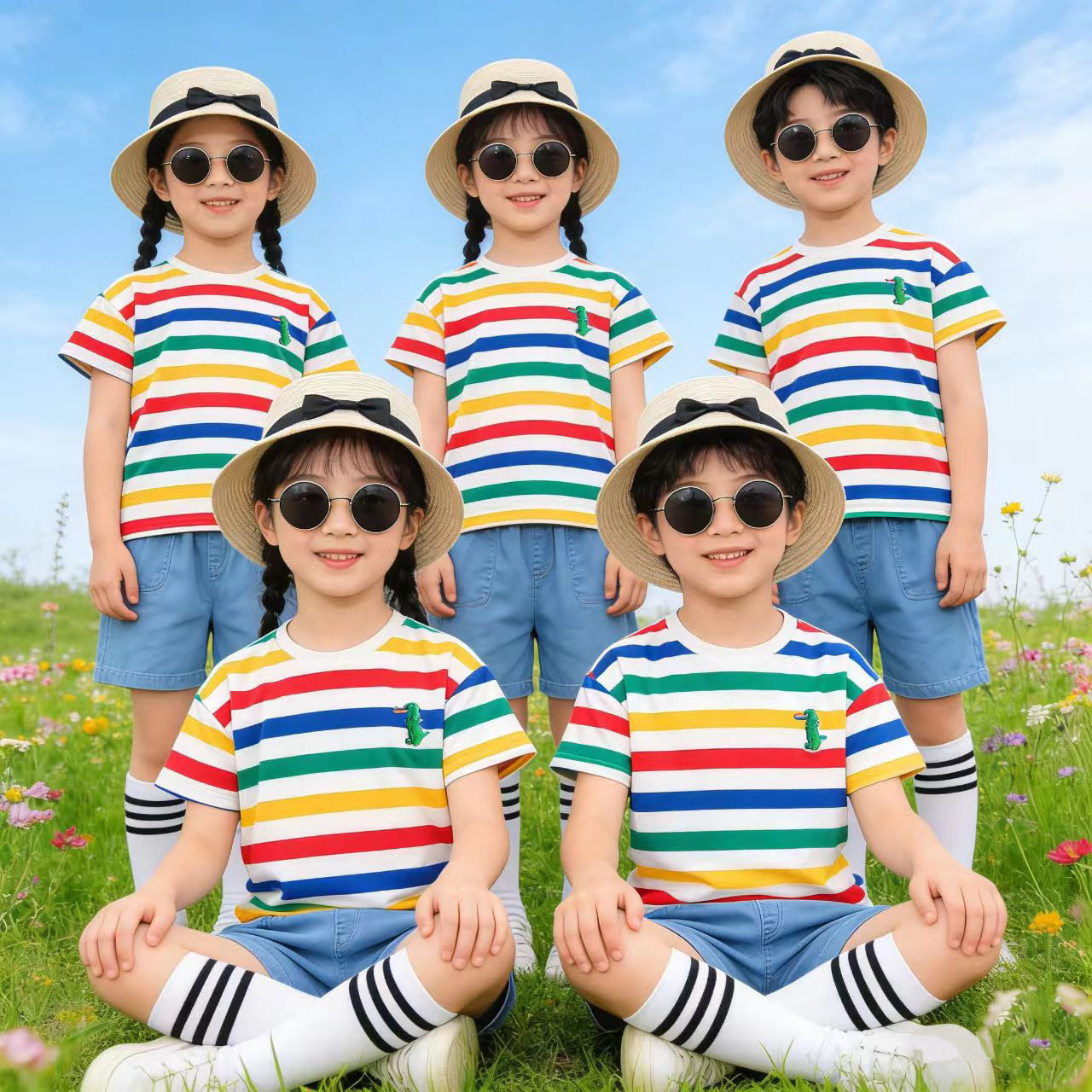 幼儿园服儿童夏季彩虹条纹短袖蓝色牛仔短裤装班服洋气六一跳舞