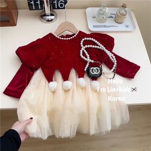 女童蛋糕裙新款中国红色2023新年加绒连衣裙秋冬儿童丝绒公主裙子