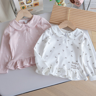 女宝宝洋气上衣潮3 春秋碎花polo领打底衫 女童娃娃领长袖 T恤26新款