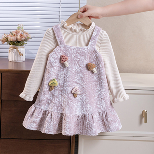 裙加厚时尚 女宝宝背心裙粉色套装 连衣裙 秋冬新款 女童加绒裙子套装