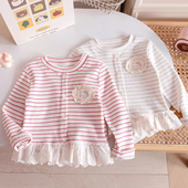T恤女宝韩版 卡通贴布花边长袖 上衣3 26春秋新款 女童洋气条纹打底衫