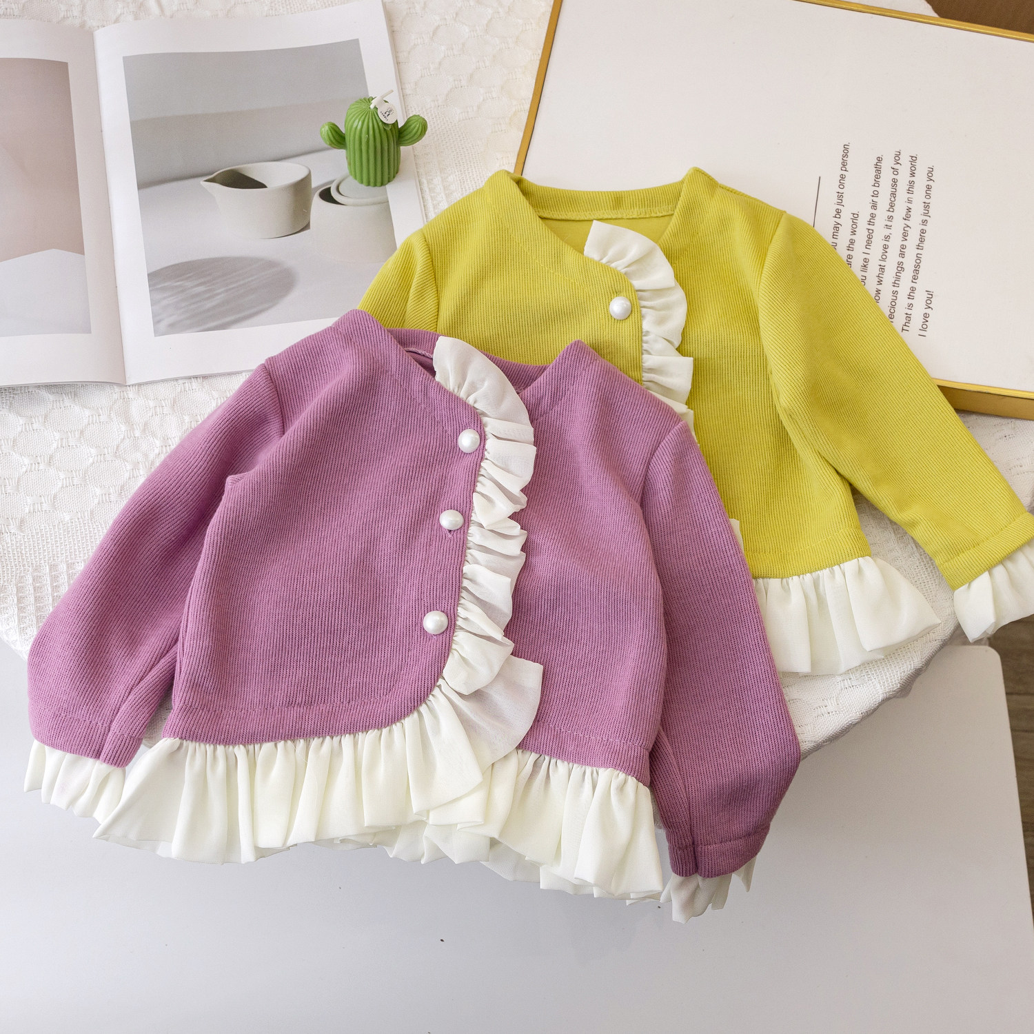 童装2023年秋季新款女童针织开衫洋气糖果色甜美木耳边童针织衫潮