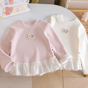 女童加绒长袖打底衫25秋冬新款洋气花边上衣女宝宝韩版百搭童装潮