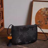 国风新中式 文艺香云纱手工流苏斜挎拉链横版 手机小包汉服简约百搭