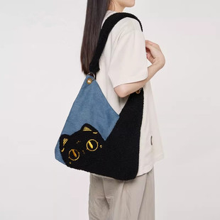 秋冬新款 可爱少女猫咪牛仔包帆布包袋羊毛绒轻便通勤单肩包包女