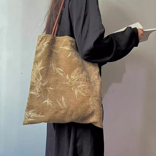 秋冬新品新中式国风旗袍包竹叶文艺风灯芯绒大容量托特单肩手提包