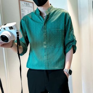 衬衫 夏季 高级感潮牌休闲短袖 新款 潮流ins痞帅中袖 男士 七分袖 修身