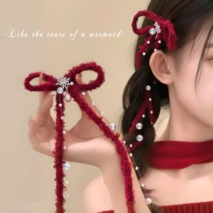 儿童编发飘带发夹新年蝴蝶结珍珠公主裙女童扎辫子女孩圣诞节头饰