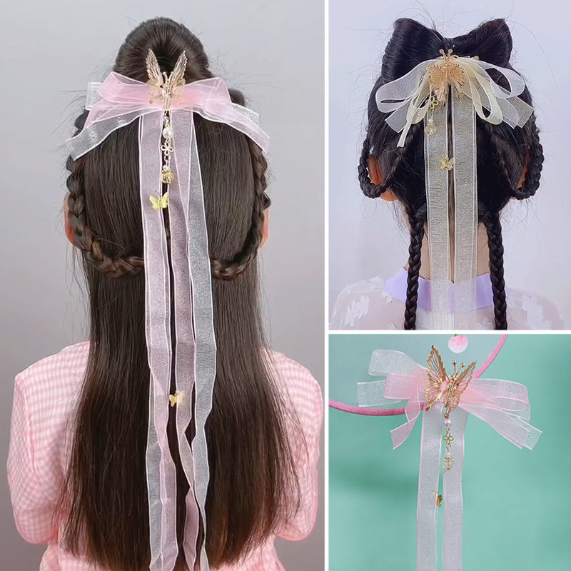 儿童古风灵动蝴蝶流苏长飘带发夹会动蝴蝶丝带后压夹女童汉服发饰