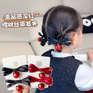 红樱桃甜味圣诞节丝绒红色头饰夹子新年发夹侧边马尾刘海发饰