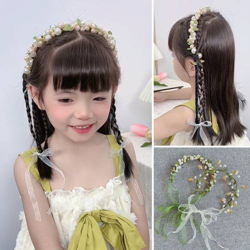 女童气质森系绿叶珍珠花环发带雪纱带编发发饰清新绿色系发箍头箍