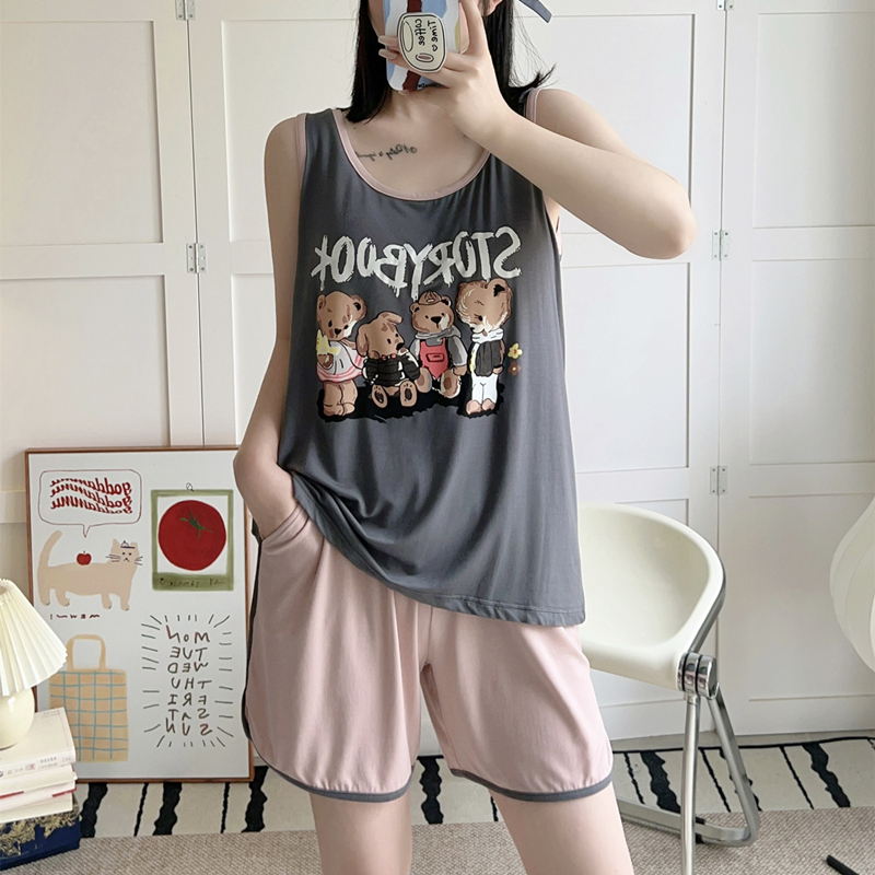 可爱小熊莫代尔无袖背心短裤睡衣套装女夏宽松薄款可外穿家居服