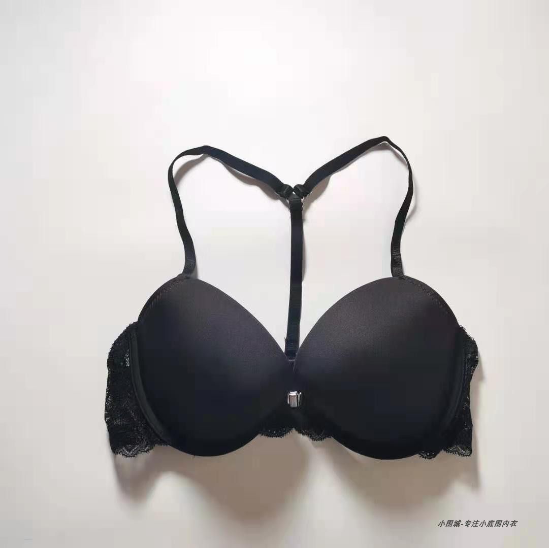 60657075ABCDD光面美背前扣黑色厚聚拢无钢圈超小底围胸罩套装