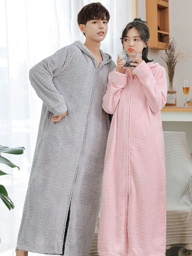 睡袍女冬珊瑚绒加厚长款大码法兰绒连帽拉链睡裙情侣浴袍男士睡衣