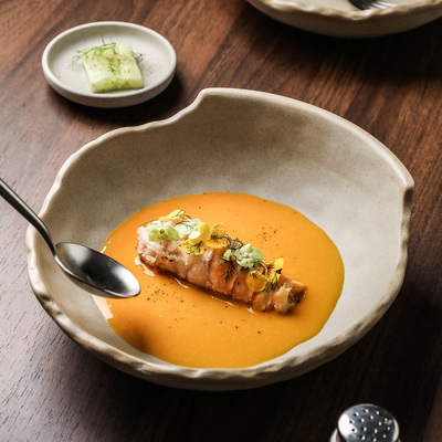 粗陶复古无釉陶瓷家用菜盘子汤盘