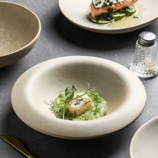 复古无釉陶瓷法式汤盘草帽盘甜品盘圆形碗深盘反边碗轻奢酒店餐具
