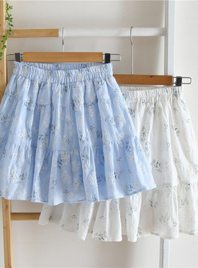 自制2026春夏新款小清新碎花纯棉提花小短裙显瘦白色蓝色半身裙女