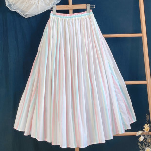 自制春夏季 A字裙 棉质半身裙女彩色条纹多巴胺小个子宽松高腰长款
