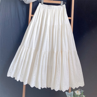 自制米白色刺绣花气质半身裙女棉温柔软垂坠感A字伞裙春夏季长裙