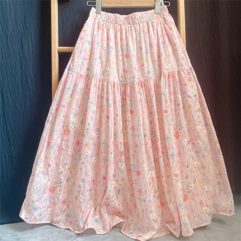 花与竹粉色绣花棉麻碎花品质半身裙女宽松a字伞裙垂感百褶中长裙