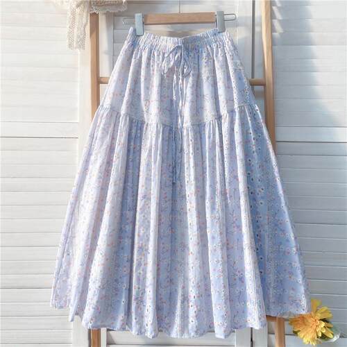 自制甜美紫色半身裙刺绣小碎花显瘦长裙女春夏季高腰森系A字裙子